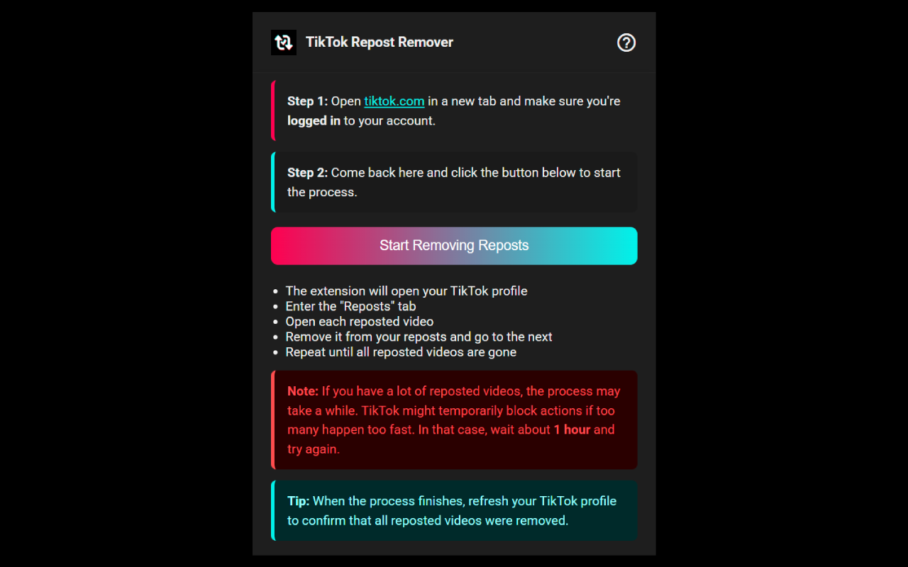 TikTok All Reposted Videos Remover插图